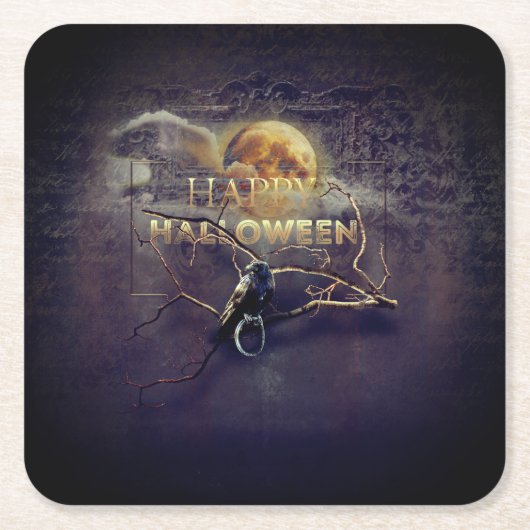 満月不気味大人ハロウィーンのゴシック風の烏 スクエアペーパーコースター (正面)