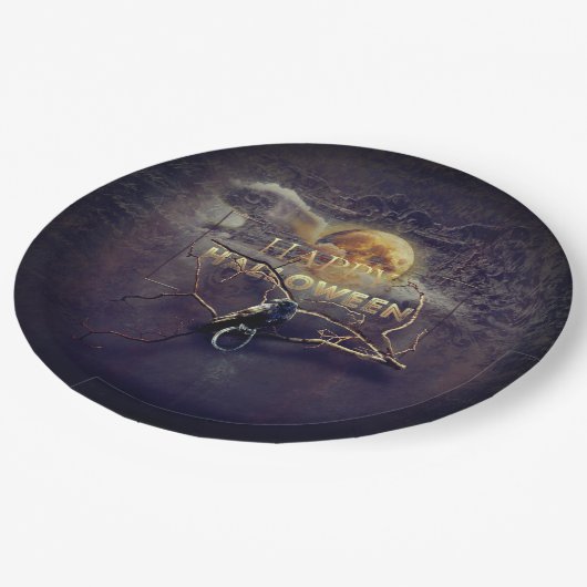 満月不気味大人ハロウィーンのゴシック風の烏 ペーパープレート (アングル)