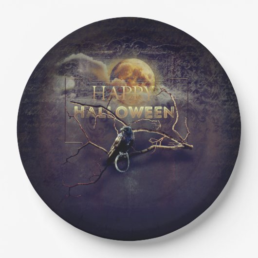 満月不気味大人ハロウィーンのゴシック風の烏 ペーパープレート (正面)