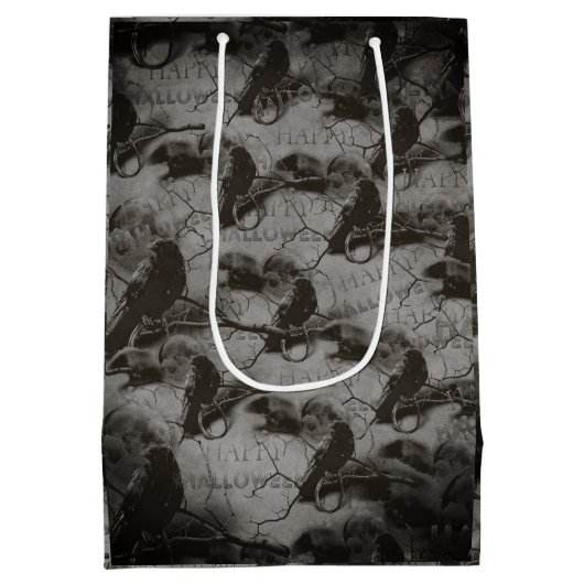 満月不気味大人ハロウィーンのゴシック風の烏 ミディアムペーパーバッグ (裏面)