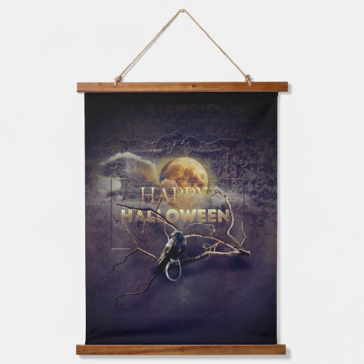 満月不気味大人ハロウィーンのゴシック風の烏 吊り下げ型タペストリー (正面)