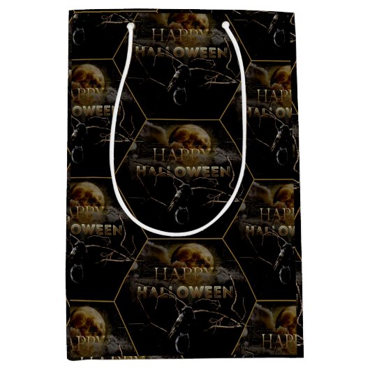 満月不気味大人ハロウィーンMのゴシック風の烏 ミディアムペーパーバッグ (正面)