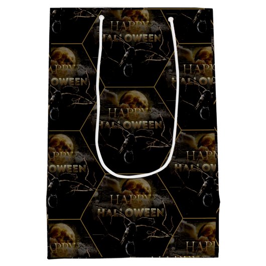 満月不気味大人ハロウィーンMのゴシック風の烏 ミディアムペーパーバッグ (裏面)