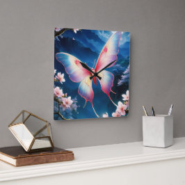 満月中国のの蛾飛んでいるがさくらんぼに咲く スクエア壁時計