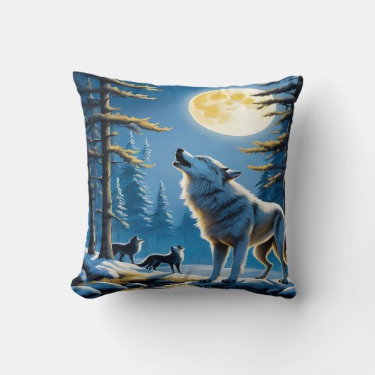 満月威厳のあるの下で狼が吠える クッション (正面)