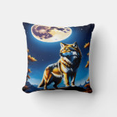 満月威厳のあるの下に白熱［赤熱］光を放つおおかみ クッション (正面)