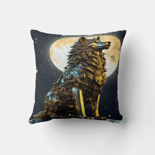 満月威厳のある下の金属製オオカミ クッション (裏面)