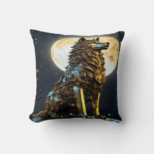 満月威厳のある下の金属製オオカミ クッション (正面)