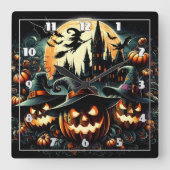 満月白熱［赤熱］光を放つ下のカボチャ スクエア壁時計 (正面)