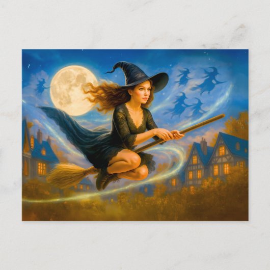 満月飛んでいるで村の屋上に魔女 シーズンポストカード (正面)
