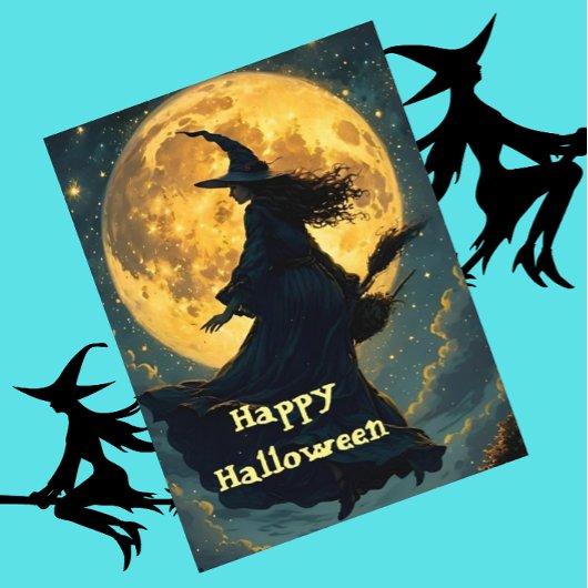 満月飛んでいるハロウィン葉書の上に魔女 ポストカード