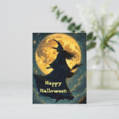 満月飛んでいるハロウィン葉書の上に魔女 ポストカード (スタンド正面)