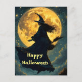 満月飛んでいるハロウィン葉書の上に魔女 ポストカード (正面)