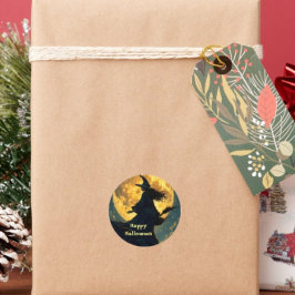 満月飛んでいるハロウィン葉書の上に魔女 ラウンドシール