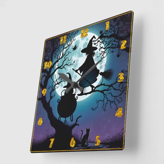 満月飛んでいる下の夜の魔女 スクエア壁時計 (傾斜)