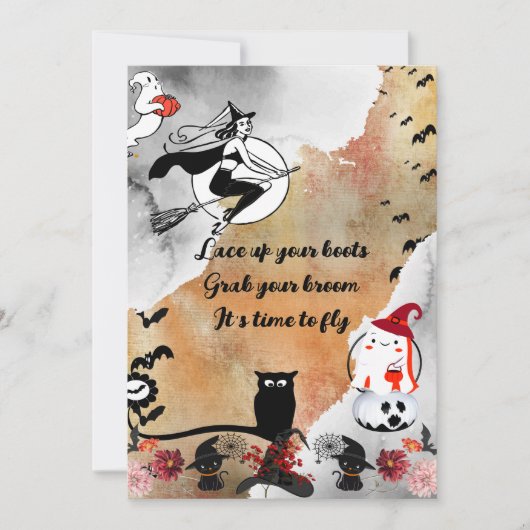 満月飛んでいる黒猫ハロウィンの魔女不気味 シーズンカード (正面)