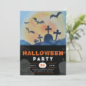 満月、コウモリと墓地の黒いハロウィン 招待状 (スタンド正面)