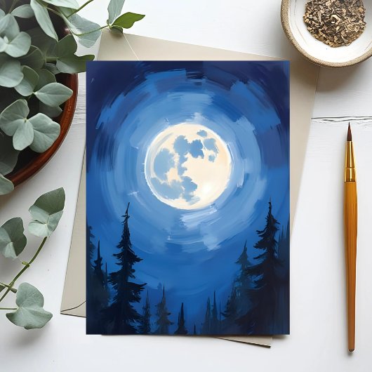 満月 | 夜空の森の水彩画 ポストカード