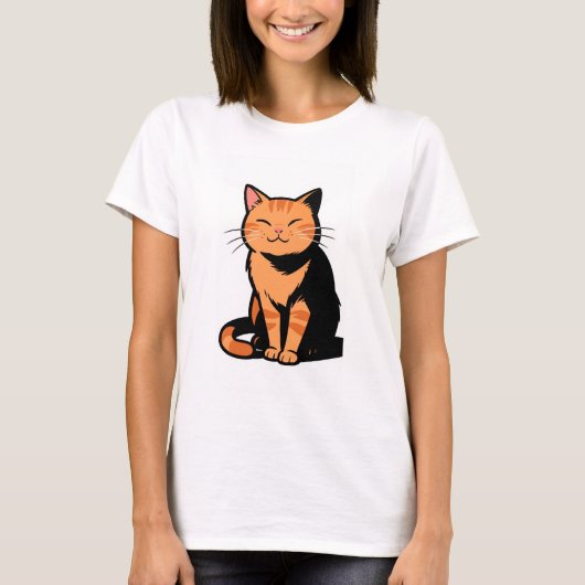 満足するオレンジ色のキャットウィメンズTシャツ Tシャツ (正面)
