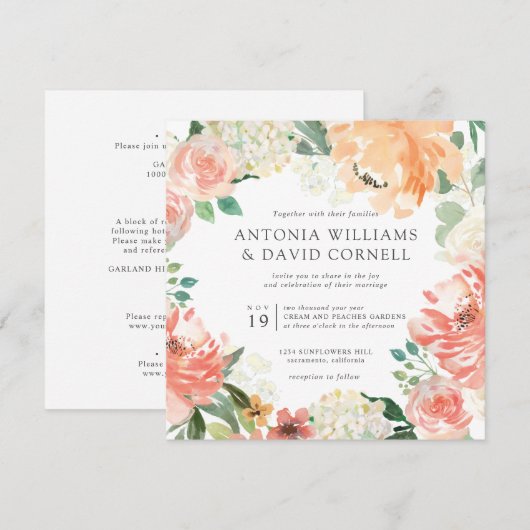 満開 | オールインワンピーチピンクボタニカルウェディング 招待状 (正面/裏面)