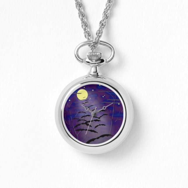 満黄色の月とこうもりで美しい時間 腕時計 (正面)