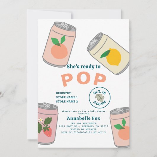 準備ができてポップ・アートのソーダポップ・アートの缶ピンクの女の子の赤ちゃんシャワー 招待状 (正面)