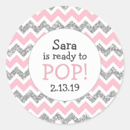 準備ができてポップ・アートの赤ちゃんシャワー好意ピンクの銀グリッター ラウンドシール