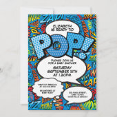 準備ができてポップ・アートの赤ちゃんシャワー漫画ブックおもしろいブルー 招待状 (正面)