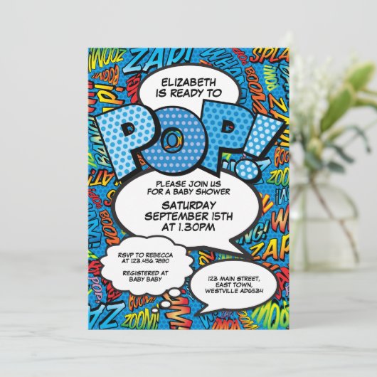 準備ができてポップ・アートの赤ちゃんシャワー漫画ブックおもしろいブルー 招待状 (スタンド正面)