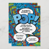 準備ができてポップ・アートの赤ちゃんシャワー漫画ブックおもしろいブルー 招待状 (正面/裏面)