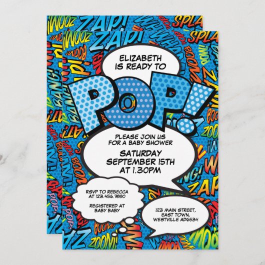 準備ができてポップ・アートの赤ちゃんシャワー漫画ブックおもしろいブルー 招待状 (正面/裏面)