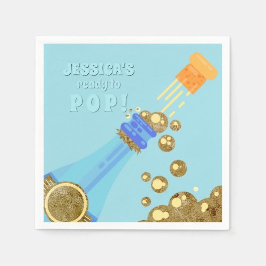 準備ができてポップ・アートの金ゴールドシャンパンベビーブルーシャワー スタンダードカクテルナプキン (正面)