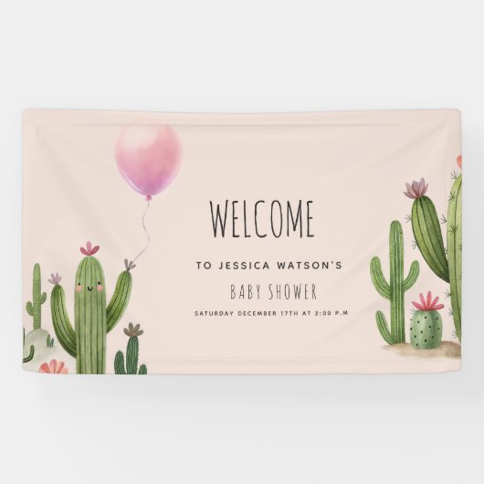 準備ができて女ポップ・アートのの子バルーンサボテン緑の赤ちゃんシャワー 横断幕 (横)