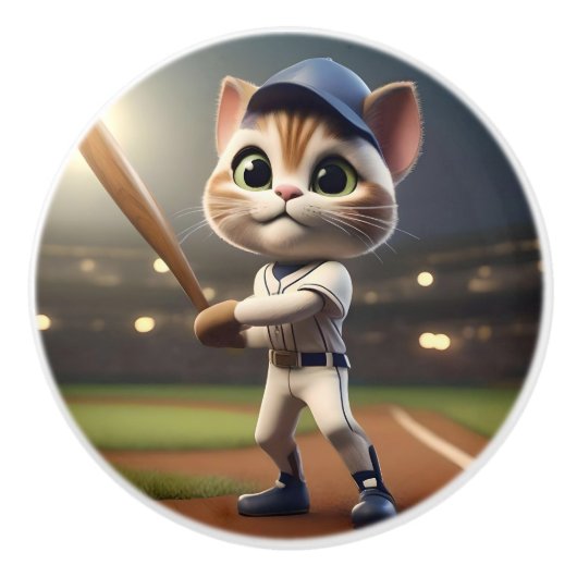 準備ができて遊いる野球猫 セラミックノブ (正面)