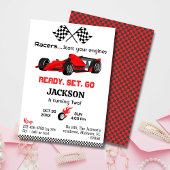 準備セット行く赤いレーシングカーモダンの2番目の誕生日 招待状