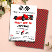 準備セット行く赤いレーシングカーモダンの4歳の誕生日 招待状