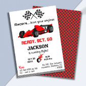準備セット行く赤いレーシングカーモダンの8歳の誕生日 招待状