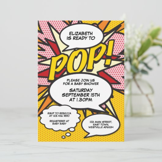 準備完了ポップ・アートのおもしろい漫画ベビーシャワー 招待状 (スタンド正面)