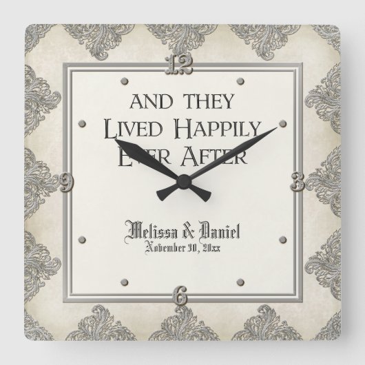 準正装の優雅3 -銀製の一見のヴィンテージのダマスク織 スクエア壁時計 (正面)
