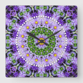溝深いフラワーパワーパープル薄紫グリーン スクエア壁時計