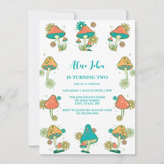 溝状お洒落キノコサイケデリック誕生日 招待状 (正面)