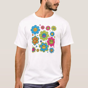 溝状スマイリーフェイス花   70sレトロヴィベデザイン tシャツ