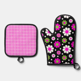 溝状レトロピンク緑の白いデイジー花 鍋つかみ&鍋敷きセット