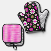溝状レトロピンク緑の白いデイジー花 鍋つかみ&鍋敷きセット (正面/裏面)