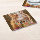 溶けおもしろいた誕生日カップケーキ付き不機嫌な猫 スクエアペーパーコースター (アングル)