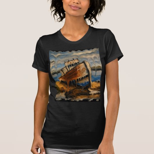 溶けた座礁船 | 超現実的な海岸難破船 Tシャツ (正面)