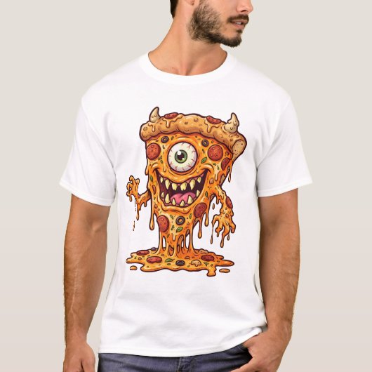 溶けるピザの生き物 面白い食べ物のマスコットイラスト Tシャツ (正面)