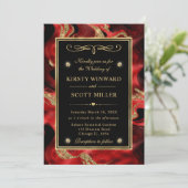 溶エレガント溶した赤と金ゴールドのグリッター結婚 招待状 (スタンド正面)