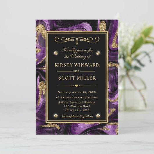 溶エレガント融パープルと金ゴールドグリッター結婚の 招待状 (スタンド正面)