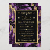 溶エレガント融パープルと金ゴールドグリッター結婚の 招待状 (正面/裏面)